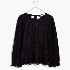 Madewell Black Eyelet Keyhole Peplum Top Size Small Scalloped Hem